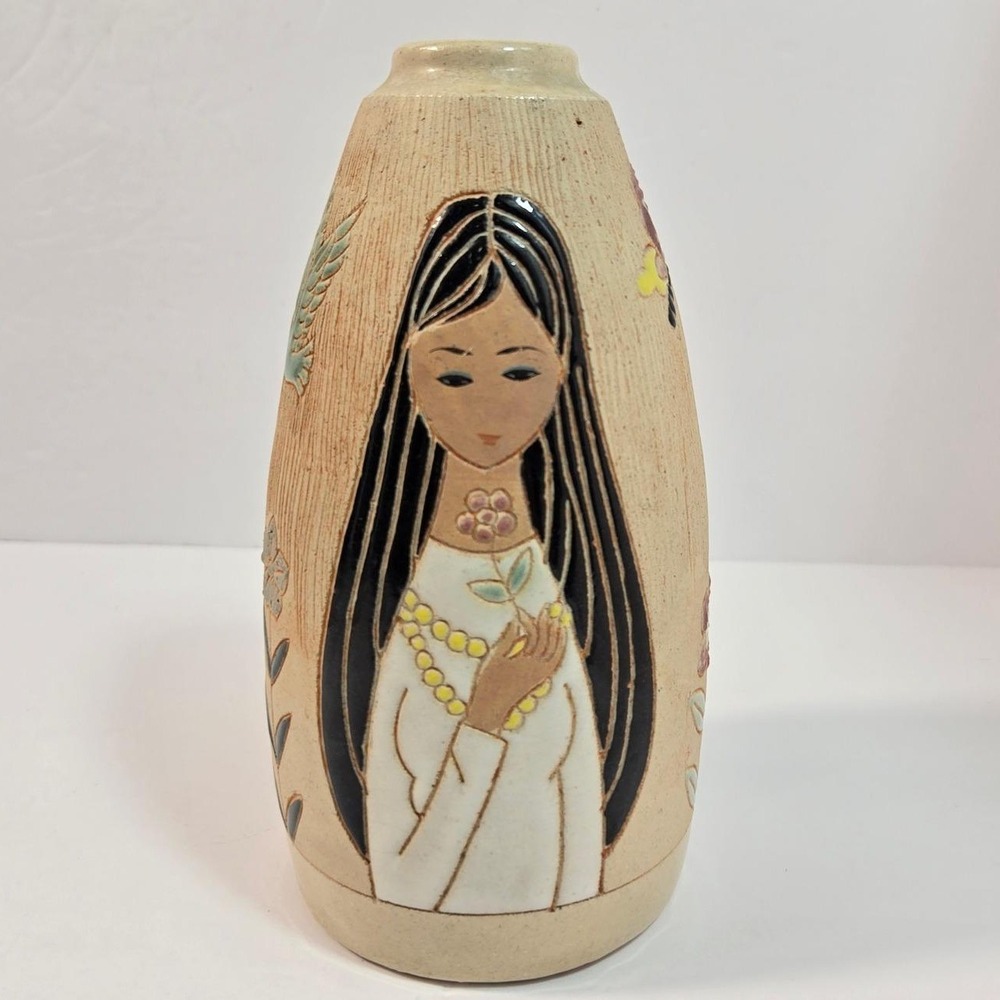Vintage Artexpor Saigon Art Pottery Vase Asian Woman Floral Motif Vietnam MCM 9"